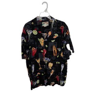 Men's Black Paradise Found Hawaiian Camp Shirt Mixed Drinks Cocktails SIZE L